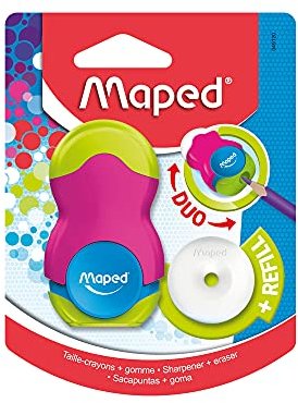 Maped - 2in1 Radier/ Anspitzer LOOPY, nachfüllbar, inkl. 1x Ersatz-Radierer - grün/ blau, pink/ grün, blau/ lila - zufällige Farbauswahl, für dünne Stifte