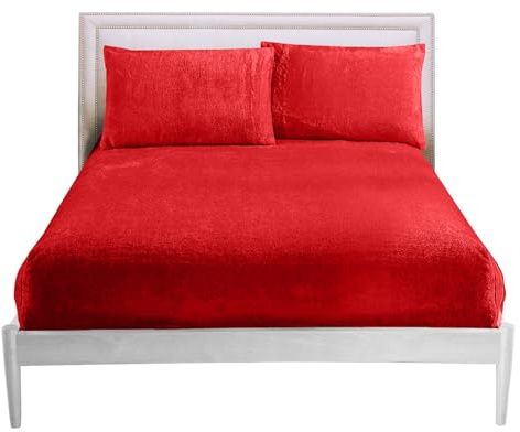GC GAVENO CAVAILIA Fitted Sheet King Size - Soft Teddy Fleece Bedding Winter - Warm Fluffy Anti-Allergy Polyester Bed Sheet (152x203 cm) - Easy Care 25cm Deep Fleece Fitted Sheets King Size,Red
