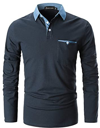 GHYUGR Men's Long Sleeve Polos Casual Tops Denim Splice Golf T-Shirt Poloshirts,Navy,XL