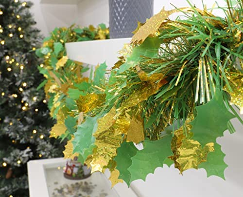 Christmas Concepts® 3m (9.8ft) Chunky/Fine Christmas Tinsel - Christmas Decoration Tinsel (Green & Gold Holly Berry)