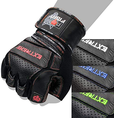 FOX-FIGHT Fitnesshandschuhe Trainingshandschuhe Kraftsport Damen Herren Leder Handschuhe Bodybuilding Sporthandschuhe mit Handgelenkbandage für Krafttraining Gewichtheben Extreme (rot, L)