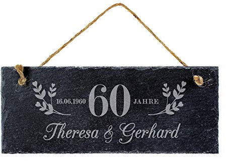 Casa Vivente Schiefertafel mit Gravur zur Diamanthochzeit, Motiv 60 Jahre personalisiert mit Namen und Datum, Türschild als Geschenkidee für Paare