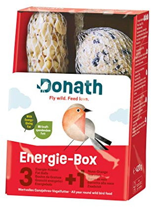 Donath Energie-Box 3+1-3 Meisenknödel im Netz a 100g und 1 Nussstange a 120g - viel Abwechslung - wertvolles Ganzjahres Wildvogelfutter - aus unserer Manufaktur in Süddeutschland