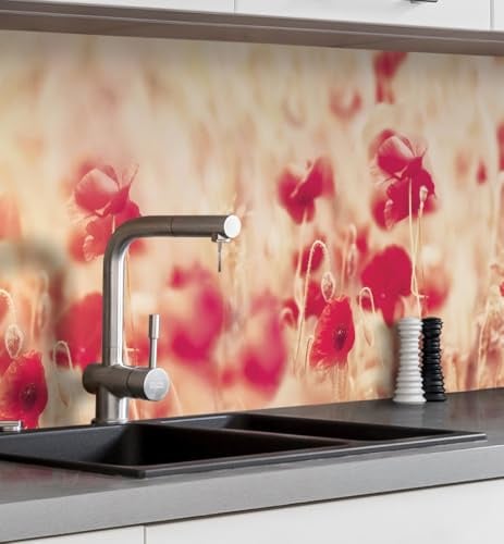 MyMaxxi Küchenrückwand selbstklebend – Matte, versteifte Spritzschutz Folie als günstige Alternative zu Glas, einfache Montage & leichte Reinigung – 60 cm hoch – Motiv: Mohnblumen B 280 cm x H 60 cm
