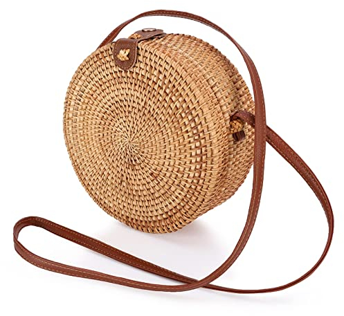 icyant Rond Sac en Rotin, Boheme Rotin à Bandoulière Fait main pour Femme la Mode d'épaule de Plage d'été Classique Messager Élégant Paille K-0001, S