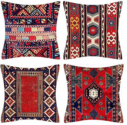 4er Set Dekorative Kissenbezüge 40 x 40 cm Stammes-Abstraktes Rot Orientalisch Kissenbezug Persischer Teppich Muster Kissen Dekokissen Böhmischen Kissenhüllen Leinenkissen Sofa Deko