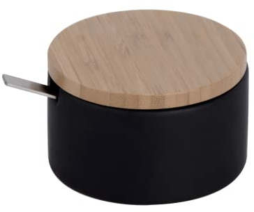 KOOK TIME Zuccheriera Formaggiera in Ceramica con Coperchio in Legno di bambù e cucchiaino da Zucchero in Acciaio Inossidabile, per Casa e Cucina, sirve per Zucchero, Formaggio, spezie, ECC. (Negro)