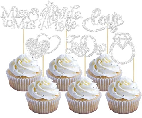 Gyufise 24 Stück Cupcake-Toppers Bride to Be Silber Glitzer I Do Love Herz Ring Miss To Mrs Cupcake Picks Brautdusche Kuchendekorationen für Hochzeit Verlobung Junggesellinnenabschied Zubehör