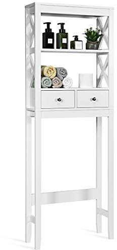 COSTWAY Over The Toilet Storage Rack, X-Frame Freestanding Washing Machine Shelves with 2 Drawers, Bathroom Space Saver Tall Laundry Cabinet Organiser Unit (White, without Back Panel)
