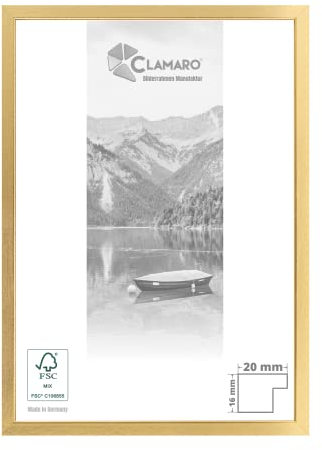 CLAMARO 'Collage 20' Bilderrahmen 45x55 handgefertigt nach Maß | Gold glänzend | Moderner 20 mm breiter Slim Design MDF Holzbilderrahmen inkl. Acrylglas, Rückwand und Aufhänger
