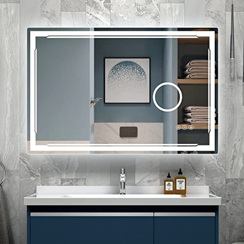 M LTMIRROR 122 X 76CM LED Bathroom Mirror with Built-in Bluetooth Speaker and 3X Magnifier, Smart Wall Mounted Lighted Makeup Mirror 3 Light Adjustment, Anti-fog, Button