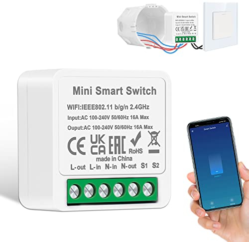 1 PCS CNBINGO Smart Lichtschalter Modul 1 Weg/2 Wege, Mini DIY WLAN Schalter Passt hinter Wandschalter, Smart Switch Kompatibel mit Alexa Echo, Google Home, Smart Life, Neutralleiter Erforderlich