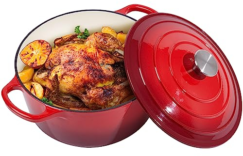 Hierro fundido esmaltado para horno holandés de 6 cuartos de galón con tapa, asas dobles grandes, apto para horno hasta 260.0 °C, olla redonda clásica para cocinar versátil, color rojo