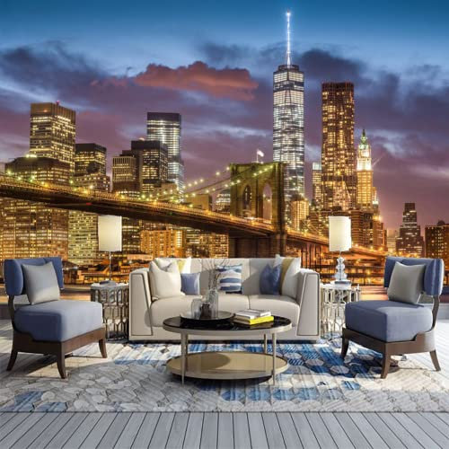 GIVLWF Papier Peint Panoramique de Paysage Du Pont De Brooklyn, Vue Nocturne De La Ville De New York Poster Murale Intissé - pour Chambre Salon Décoration Murale 450 x 315 cm