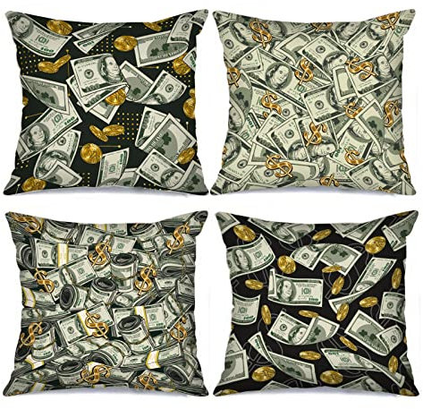 Tucocoo Set mit 4 Kissenbezügen mit 100 US-Dollarscheinen, dekorative Goldmünzen, Bargeld, moderne quadratische Kissenbezüge für Sofa, Couch, Auto, Bett, 45,7 x 45,7 cm, Geschenke