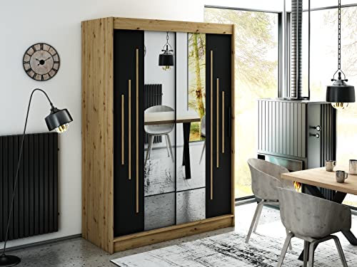 LETO - Kleiderschrank mit spiegel, 150 cm Breite, 2 Stangen und Einlegeböden, Garderobenschrank aus Laminierter Platte, Garderobe Ideal für Schlafzimmer, Farbe Artisan Eiche und Schwarz Matt