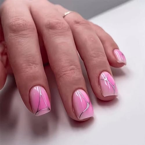 24pcs Short Square False Pink Ombre Silver Wave Removable Glue-on Fake Acrylic Full Cover Nails for Women Girls Nail Art