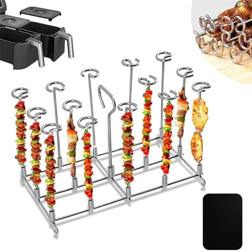 Marstey 2 Pcs Air Fryer Skewer Stand and Silicone Pad, Stainless Steel Kebab Rack, Cooking Accessories for Ninja Foodi Dual Basket AF300EU AF400EU Air Fryer