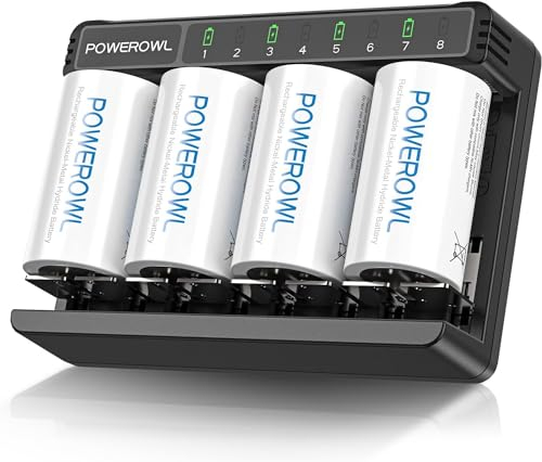 POWEROWL Cargador de Pilas Universal con Pilas Recargables D(4 Piezas), Cargador para Pilas AA AAA C D Recargeables, Tipo C y Carga Rápida Micro USB