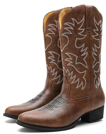 VAVENI Stivali di jeans occidentali con tacco alto ricamato, stivali moda in pelle PU, stivali da cavaliere donna, 38-48(marrone,39)