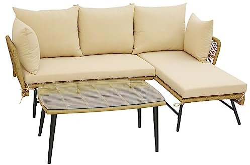COSTWAY 3 Pieces Rattan Garden Furniture Set, L Shaped Patio Conversation Set with Cushions, Lounge & Tempered Glass Table, Outdoor Sectional Corner Sofa Set for Yard, Poolside and Lawn (Yellow)
