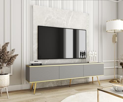 TV- Schrank mit Lamellen in Grauer Farbe mit goldenen Beinen, D: L: 175 cm, H: 53 cm, T: 32 cm