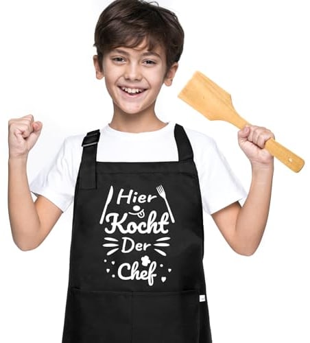FUKPO Kinderschürze Mädchen Jungen Schwarz, Schürze Kinder Baumwolle Schule Kochschürze Kinderschürzen Küche Personalisiert Lustig, Verstellbare Backschürze Grillschürze Küchenschürze (4-12Jahre)