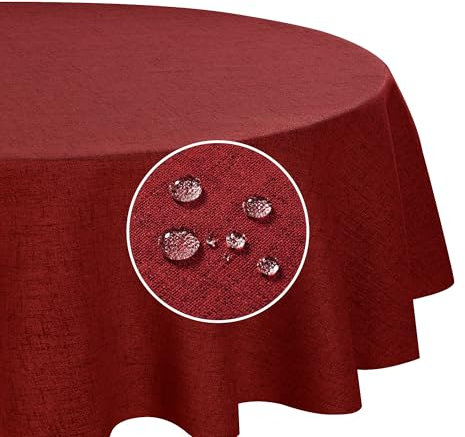 Deconovo Tischdecke Abwaschbar Tischdecken Lotuseffekt Tischwäsche Leinenoptik Tischtuch für Esszimmer Küche Wohnzimmer Garten pflegeleicht Wasserabweisende Tafeldecke, Rund 140 cm, Rot, 1 Stück