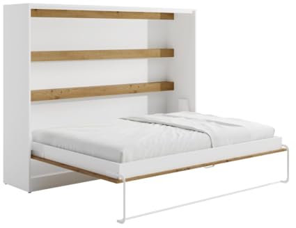 Vente-unique-Cama abatible 140 x 200 cm - Apertura Horizontal Manual - con Leds - Blanco y Natural - RAPILI