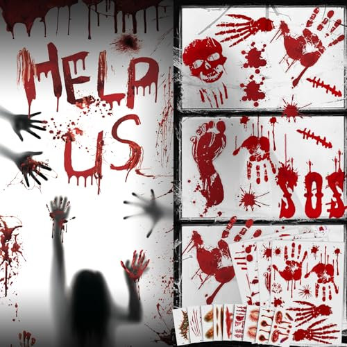 70 Stück Halloween Deko, Halloween Blutige Fensterbilder, 30 Blatt Halloween Horror Tattoo Aufkleber, Halloween Gruselige Fensterdeko Türdeko, Halloween Zombie Handabdrücke Sticker