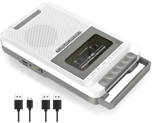 Gracioso Cassette Tape Converter to MP3 via U Disk/SD Card or PC Record to Cassettes/USB/SD Card via Mic,Cassette to Digital Tape Player with Headphone Jack,Retractable Handle (White)