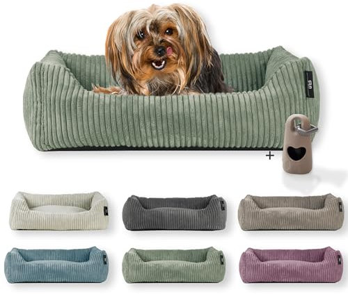 Rohrschneider Hundebett waschbar | für kleine und mittelgroße Hunde | mit Hundekissen Cord | 2 Größen (ca. 55x42 cm/ca. 70x50 cm) inkl. Gassibeutel (Salbei 55 cm, Cordstoff breit)