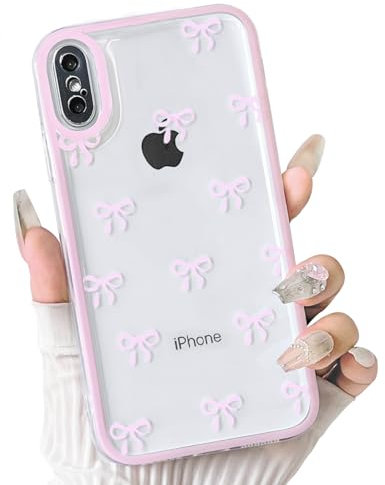 NITITOP Compatible with iPhone XS Max Case Cute Clear Pink Durable Ribbon Bowknot Pattern for Girls Women Soft TPU Transparent Full Camera Lens Shockproof Protective Phone Cover - Pink