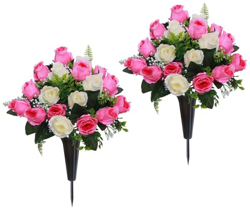 Lodou Set di 2 fiori artificiali per cimitero, bouquet di fiori commemorativi per tombe, con vaso, decorazione per lapidi del cimitero (rosa bianco)