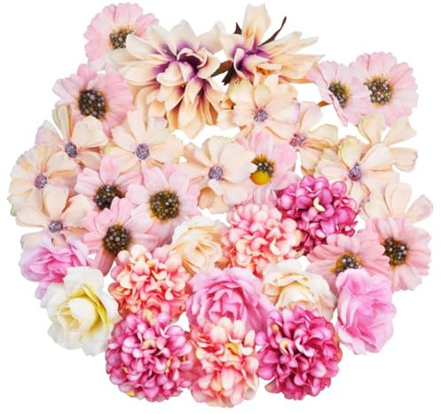 34 Stück Klein Kunstblumen Köpfe 4.5~7.5cm, 7 Stile Kunstblumen Deko, Mini Künstliche Blumen Blütenköpfe für DIY Basteln Scrapbooking Hochzeit Party Home Handwerk(Farbe:Rosa)