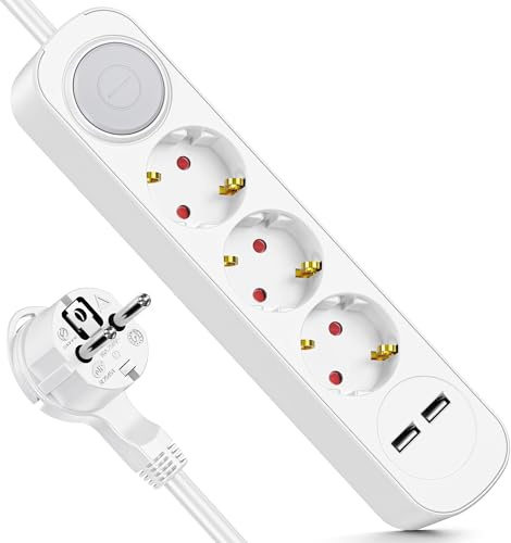 Realmade Direct Steckdosenleiste mit 3 Steckdosen & USB - 1,5m Verlängerungskabel mit Kindersicherung, 3680W Leistung & blendfreier LED, Perfekt für Zuhause/Büro (Familie & Profis)