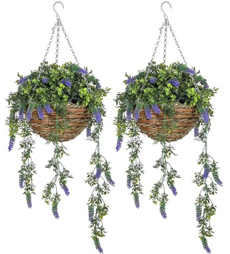 HOMCOM Set of 2 Decorative Artificial Plants, Faux Silk Lavender Flowers in Hanging Baskets, Fake Plants for Home Indoor Outdoor Decor, Purple