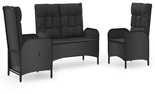 Willood 3 TLG. Garten Essgruppe mit Kissen Schwarz Gartenmöbel Set mit Kissen Sitzgruppe für Garten Terrasse Poly Rattan Bank + 2X Stuhl 1 Stück