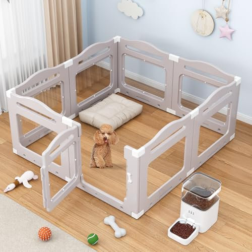Enclos pour Chien en Acrylique 60cm, 7 PCS +1 Panneaux avec Porte à Verrou, Clôture d'Intérieur Parc Chien Interieur, Pliable avec Ventouses, adapté aux Appartements, Gris Chaud