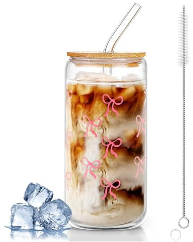 dellyy Bicchiere vetro con coperchio, 500ml Bicchiere da Birra con Coperchio e Cannuccio,Tazza da Caffè Ghiacciata,Design a Fiocco di Farfalla, Utilizzabile come Tazza da Caffè (Rosa)