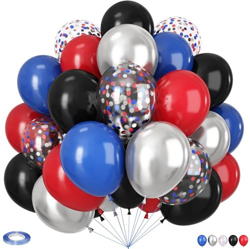 Black Red Blue Balloons, 60pcs 12Inch Black and Red Blue Balloons,Metal Silver and Confetti Balloon for Graduation Birthday Wedding Party Decorations