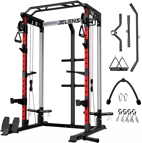 JELENS Power Cage, 2000LBS Multi-Function C21 Power Rack with Dual Pulley Cable Crossover System, All-in-One (Red, C21 Power Cage)