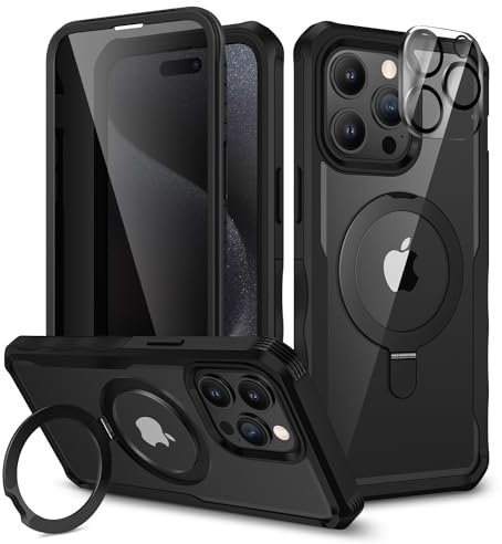 CENHUFO Compatible with iPhone 15 Pro Max Case Built-in Privacy Screen Protector with Magnetic Ring Stand and Camera Lens Protector, Clear Back Cover for iPhone 15 Pro Max Privacy Case -Black