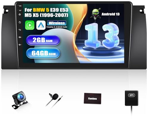 SIXWIN 2+64G Android 13 Autoradio für BMW 5 E39 E53 M5 X5(1996-2007) mit Carplay/Android Auto,9 Zoll Kapazitive Touchscreen mit WiFi GPS Bluetooth FM/RDS EQ+Rückfahrkamera