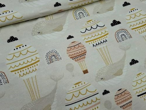 Baumwolljersey Stoff Kinder Fahrzeuge & Tiermotive – 94% Baumwolle 6% Elasthan – Öko-Tex Standard 100 – 150 cm breit – Meterware ab 50 cm für Baby- & Kinderkleidung (Wale & Ballons)