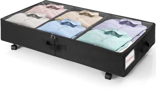 OUUTMEE 1 Pack Under Bed Storage Box with Wheels, 50L Foldable Under Bed Organiser with Lid, Rolling Underbed Containers,Storage Organisation Boxes with Metal Frame for Clothes,Shoes,Blankets(Black)