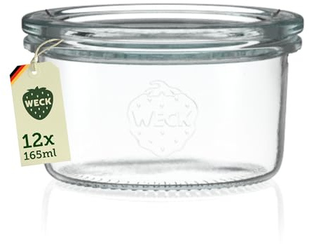 Weck Gläser 165ml – 12er Set mit Deckeln – Sturzform – robuste, stapelbare Dessertgläser, Einkoch- & Einmachgläser – klein – Weckglas ideal für Nachtisch – Made in Germany