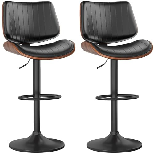 GIKPAL Barhocker 2er Set, Barhocker für Kücheninsel mit gebogenem Holzrücken und Ledersitz, Drehbare barstuhl für Küchentheke, Bar, Schwarz