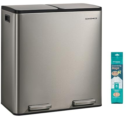 SONGMICS Mülleimer Küche, 2 x 30 L, 2 Fächer, Edelstahl, Softclose-Deckel | Mülltrennsystem Tretmülleimer, mit 15 Müllbeuteln, Inneneimer herausnehmbar, Griffe, silber, PARY Kollektion LTB160EZ01