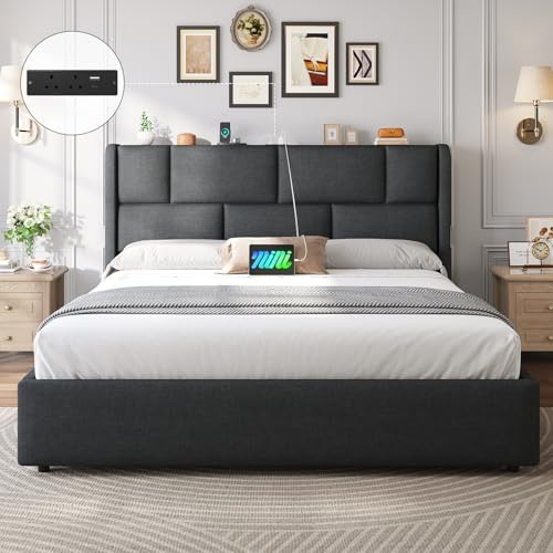 Brinlawb 5ft King Size Ottoman Bed Frame with Hydraulic Storage, Upholstered King Size Bed Frame with Adjustable Headboard and Charging Station, Ample Under-Bed Storage Space, 150x200 cm, Grey